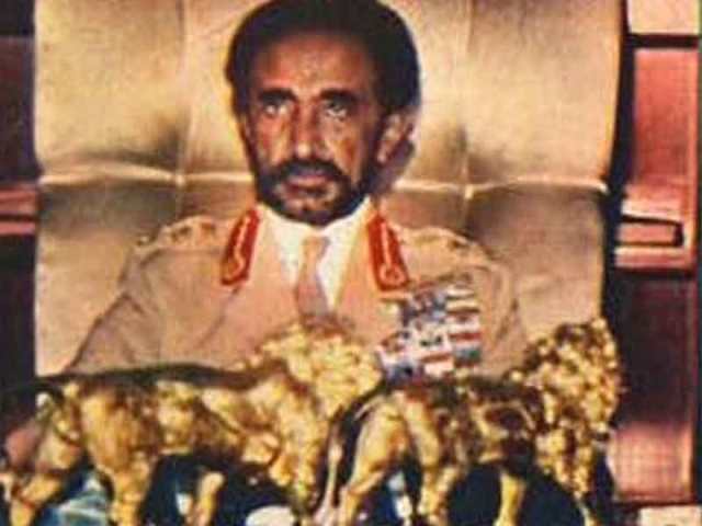 emperor haile selassie sitting with golden lions