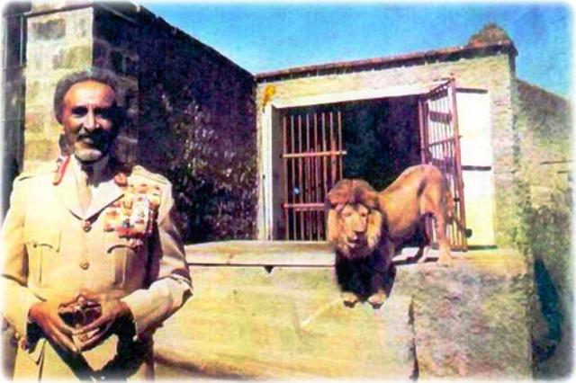 emperor haile selassie posing near lion cage with lion